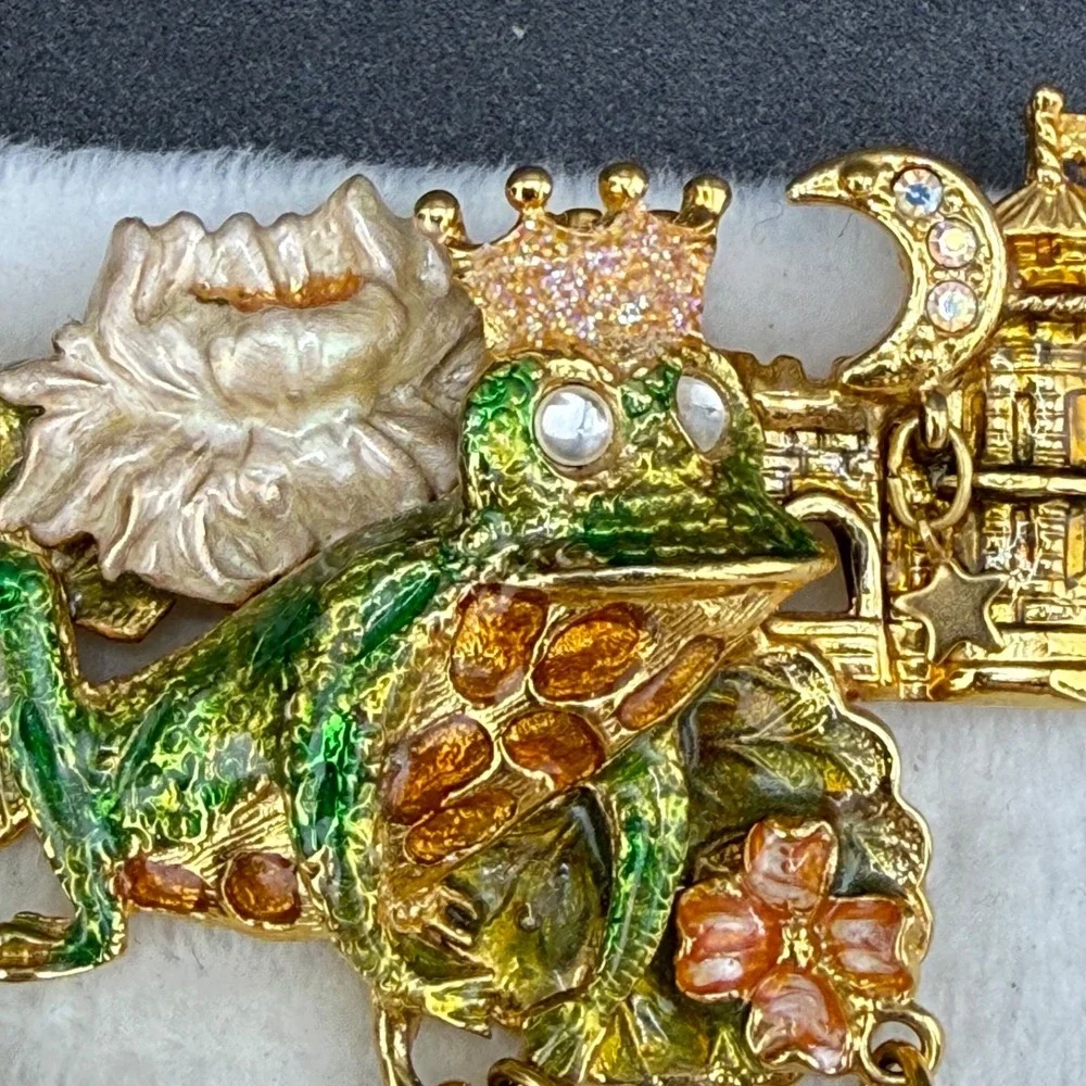 Vintage Kirks Folly Frog Prince Brooch Gold Tone Enamel Rhinestone Signed